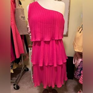 Zesica Pleated Chiffon One-Shoulder Pink Layered Midi Dress Size S